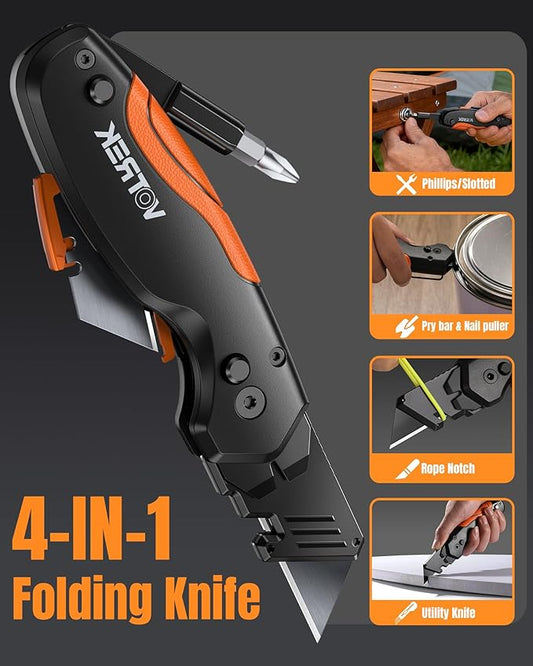 【4-in-1】 Multitool Folding Utility Knife Box Cutter, Navajas para Trabajo, Quick-Change Knife, 【Belt Clip】【Blade Storage】, Gifts for Fathers Dad Papa, Extra 10 SK5 Blades Included