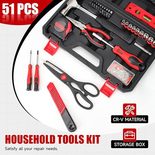 ARUCMIN 51-Piece Red Tool Set, Home Tool Kit with Toolbox Storage Case Home Repair Tool Kit with Drawer for Women