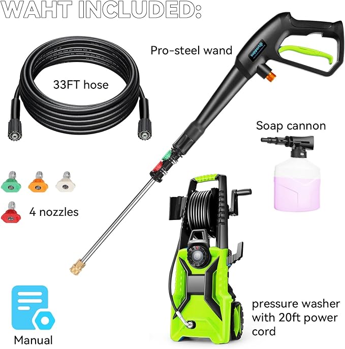 5000 PSI Adjustable Pressure Cleaner, 2025 New Power Cleaner Pressure Adjustable (2500PSI-5000PSI) with 33ft Pressure Hose, 4 Nozzle and Detergent Tank for Cars, Upgraded Green