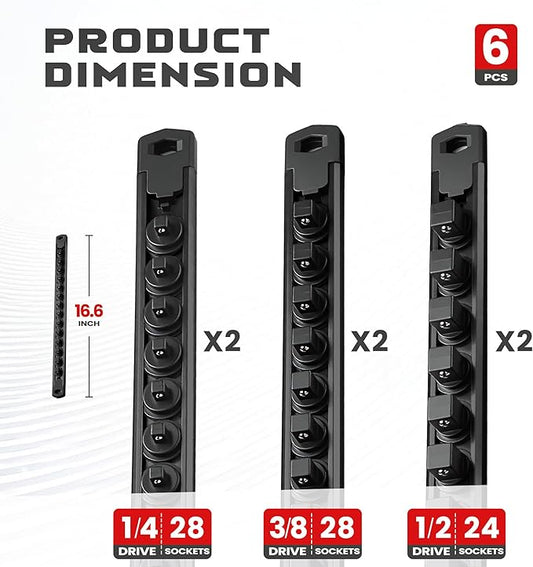 ALOANES 6-Piece Magnetic Socket Organizer, Heavy Duty Aluminum Socket Rails Organizer, 360째 Swivel Clips Socket Holder Kit for Tool Box, 1/2, 3/8, 1/4-Inch Socket Holder x 80 Clips (Black)