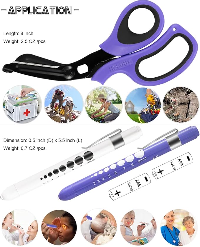 MEUUT 3 Pack Pen light & Medical Scissors-One Pantented Trauma Scissor Two LED Penlight with Pupil Gauge -8" Bandage Scissor for Nurse Doctor EMT