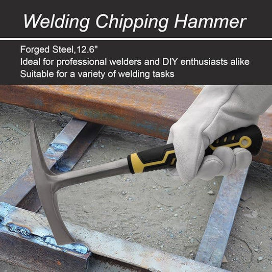 JOYFUL&HOPEFUL Chipping Hammer 12.6",28oz,Forged Steel,Working Leather Gloves 10",Professional Slag Removal Hammer with 11" Wire Brush