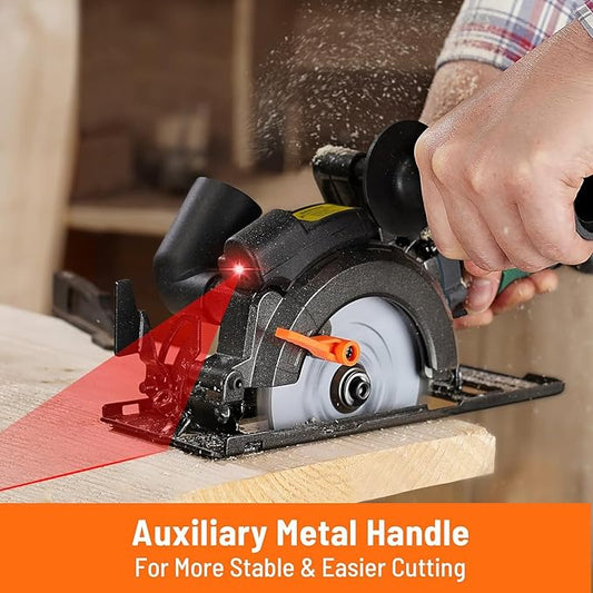 DOVAMAN Circular Saw, 5.8A 4-1/2" Circular Saw w/Laser, Metal Auxiliary Handle, 6 Blades (4½", 4¾"), Cutting Depth 1-11/16" (90°), 1-3/8" (45°), Ideal for Wood, Soft Metal, Plastic, Tile - MCS01A