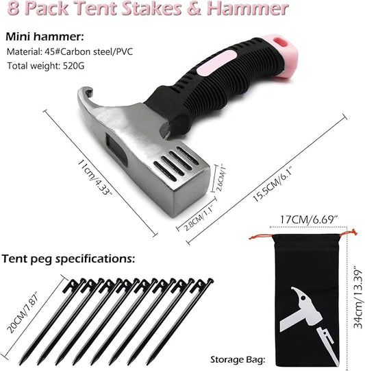 8 Pcs Tent Stakes and Camping Hammer – Heavy Duty Metal Lightweight Backpacking Tent Spikes with Small Hammer Kit for Women - Camp Mallet with Puller and Tent Pegs Bag for Tarp Canopy, Pink
