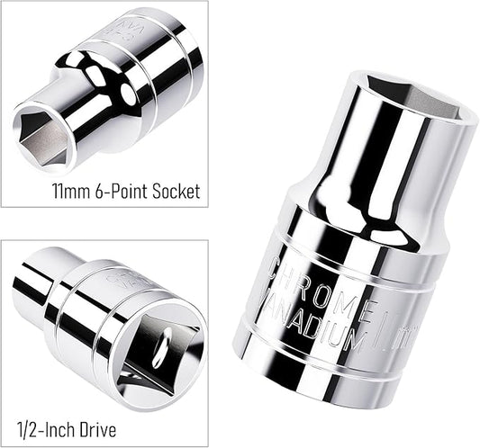 11mm Shallow Socket, 1/2 Inch Drive, 6-Point, Metric, Heat Treated CR-V Steel Short Sockets, Full Polishing, 1.5 Inch Length