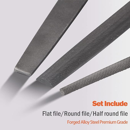 KSEIBI 311485 Metal File Set with High-Carbon Steel Blades - Ergonomic Soft-Grip Handles, 8-Inch Files in Flat, Round, and Half-Round Shapes for Wood and Metal Work