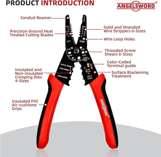 ANGELSWORD 8 inch Wire Stripper, Cable Stripper, Crimping Pliers, Wire Cutter, Wire Crimper, Multi-Function Hand Tool