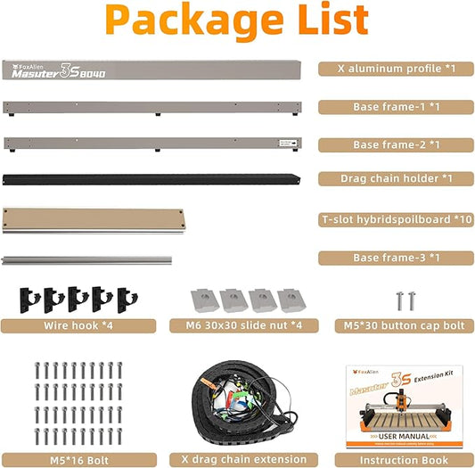 FoxAlien 3S 8040 X-axis Extension Kit with T-slot Hybrid Spoilboard for Masuter 3S CNC Router Machine, for Large Engraving Carving Projects (Extend X-axis to 800mm)