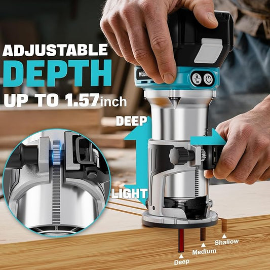 Cordless Compact Router Compatible with Makita 18V Battery, With 1 x 5.0Ah Rechargeable Battery, 6 Pcs Router Bits for Woodworking, 6 Variable Speeds Router With Trim Bits