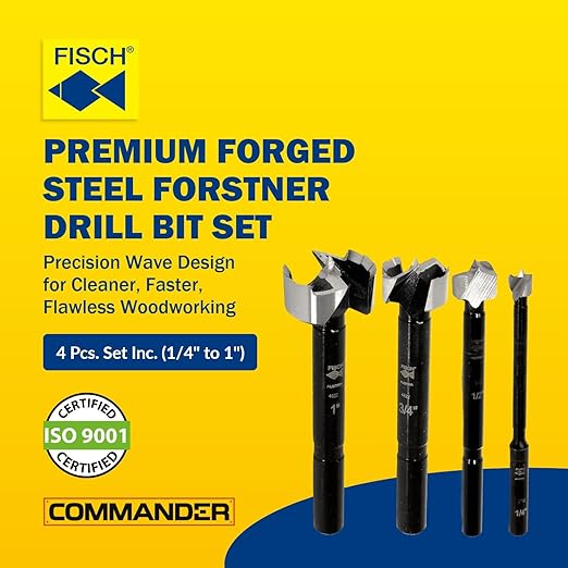 Fisch Black Shark Forged Steel Forstner Drill Bit Set for Woodworking, Precision Wave Design, Clean Cuts in Hardwoods, MDF, and Plywood, Made in Austria (4 Pcs. Set Inc.(1/4" to 1") in Blister Pack)