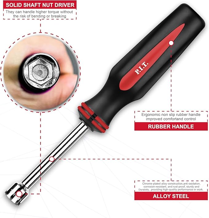 P.I.T.14PC SAE and Metric Nut Driver Set,Solid Shaft Nut Drivers(3/16 to 1/2 Inch and 5 to 10 mm) For Tightening and Loosening Fasteners with Color Coded Nonslip Comfort TPR Hand Grips.