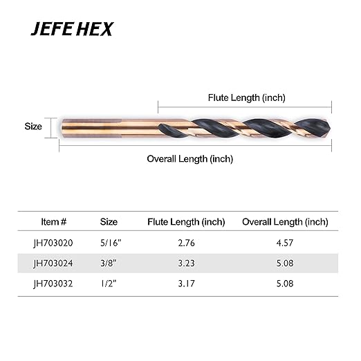 JEFE HEX 1/2" Dia. 5" OAL HSS Twist Drill Bit, General Purpose, 3-Flat Shank, Black and Gold Finish, 135 Degree Split Point, Ideal for Steel/Wood/Copper/Aluminum/Zinc Alloy/Plastic. (6-Piece)