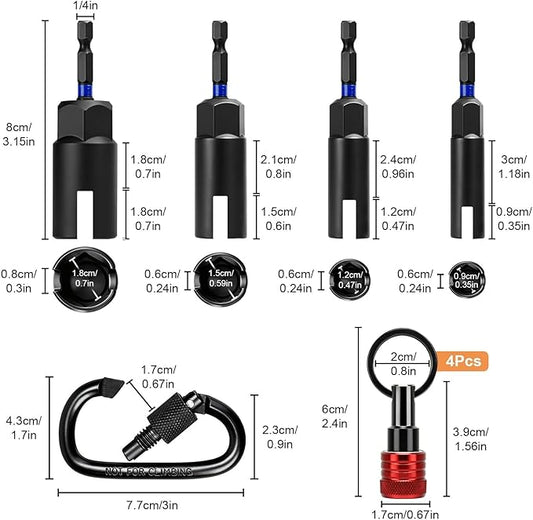 SUNJOYCO 9 PCS Wing Nut Driver Bit Set, CR-V Steel Power Wingnut Socket Bits with Bit Holder Keychain, 1/4 In Hex Shank Nut Driver for Wingnut, Eye Bolt, Screw Hook, Wire Twisting, 9mm 12mm 15mm 18mm