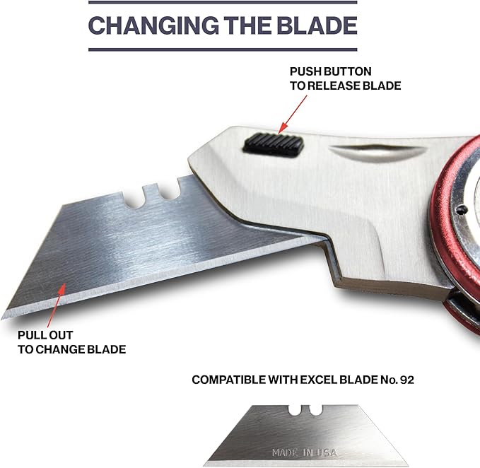 Excel Blades Revo Folding Utility Knife ??Heavy-Duty Box Cutter with Aluminum Body, Quick-Change #92 Blades, 3 Lock Positions Design, Anti-Slip Finger Loop Grip, Holster Included ??Red