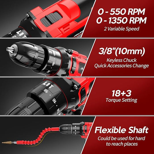 20V Cordless Drill, Electric Power Drill Set with Battery Charger, 3/8” Keyless Chuck, 2 Variable Speed, 18+3 Torque, 72pcs Driver Bits and Belt Hook, Red