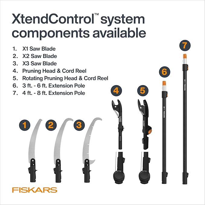 Fiskars XtendControl Extendable Tree Pruner (14 ft), Adjustable Branch Trimmer w/Fixed Pruning Head, 15" X2 Hook Bill Saw, 3-6 ft & 4-8ft Extension Poles, and Automatic Cord Reel for Precise Cuts