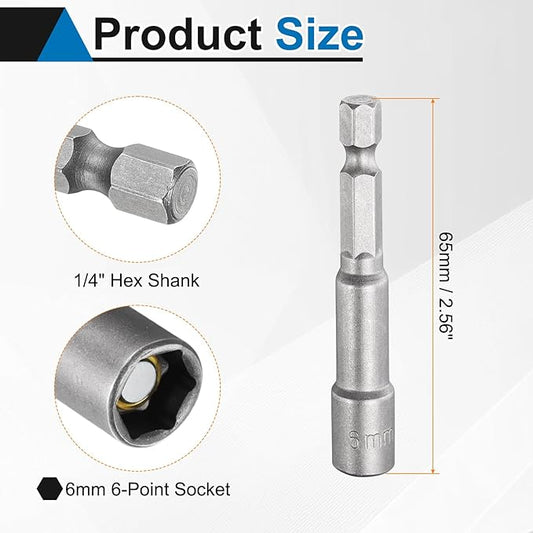 HARFINGTON 5pcs Nut Driver Drill Bit 6mm Metric Socket 1/4" Hex Shank 2.56" (65mm) Long Magnetic 6-Point Sockets Quick Change CR-V Steel Bolt Setters for Power Drill Drivers