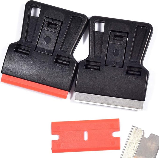 Portable 1.5inch Mini Metal Razor Scraper and Plastic Scraper with Blades, Putty Knife Set Removing Glue, Stain, Vinyl, Labels, Stickers, Decals, Pack of 2