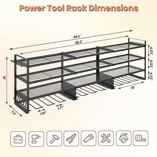 SINTIKI 49'' Large Power Tool Organizer Wall Mount, 4 Layer Tool Storage Rack Loads 600 LBS, Utility Racks for Garage Organization, Gift for Men
