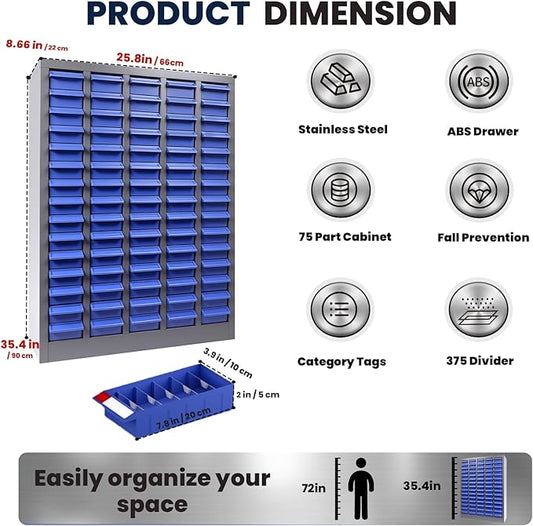 75 Drawers Nut and Bolt Organizer, 26x9x35.4 Stainless Steel Parts Cabinet with Shelfs & Labels Bolt Organizer for Workshop Tool & Hardware Storage and Organization (75 Drawers)