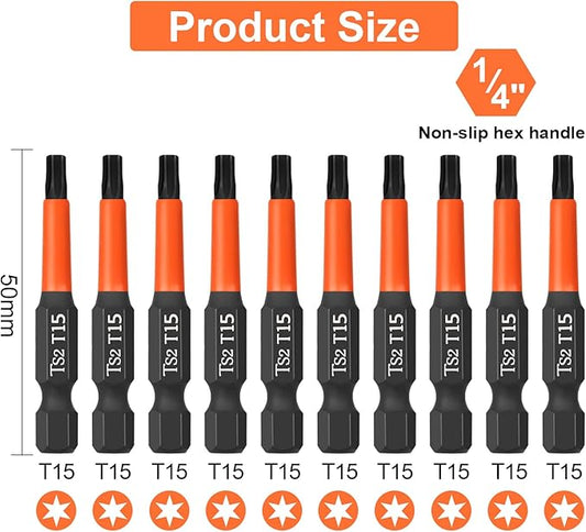 Pro T15 Screwdriver Bit Set - Torx Screwdriver 10 Pieces, 50mm Length, 1/4" Hex Shank Bit Assortment, with Storage Box