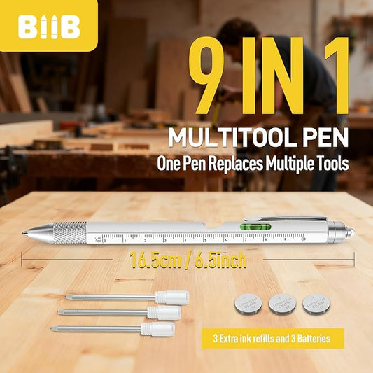 BIIB Gifts for Men 9 in 1 Multitool Pen, Stocking Stuffers for Men Teens Him, Mens Christmas Gifts for Him Dad Husband Grandpa, White Elephant Gifts for Adults, Dad Gifts Gadgets
