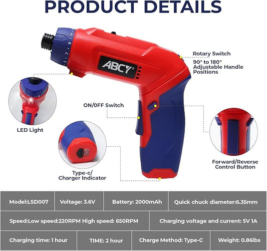 Cordless Screwdriver 3.6 V Electric Rechargeable Set,Battery Powered Screwdriver Kit Including 38pcs Bits, Max 7.1Nm Screw Gun, 21+1 Torque Setting, 2 Position Handle with LED Light