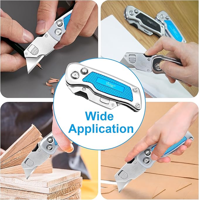 Vickay Box Cutter, Utility Knife with Clip, Stainless Steel Body Handle, Quick-change Blade and Safety Axis Lock, Razor Knife, Cardboard Cutter with Extra 5PC SK5 Blades (Blue)