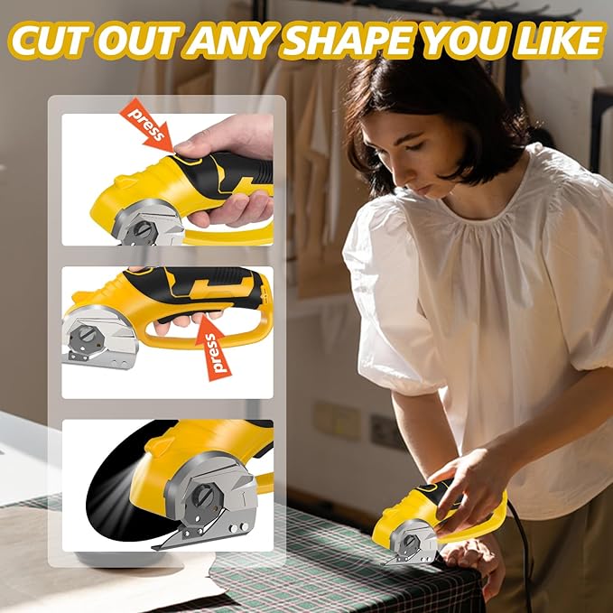 Cordless Electric Scissors, 4V Rechargeable Box Cutter & Cardboard Cutter with Titanium Blade, LED Light, Safety Lock - Rotary Cutter for Fabric, Leather, Carpet, Plastic, Crafting, Sewing(Yellow)