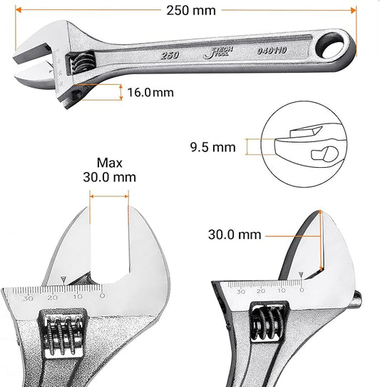 Jetech 10-Inch Adjustable Wrench - Professional Heavy Duty Chrome Vanadium Steel Shifter Spanner with Inch/Metric Scale Wide Caliber Opening