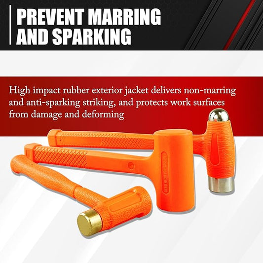 C&T 3-Pieces Dead Blow Hammer Set, Brass Hammer, Ball-Peen Hammer, and Dead Blow Hammer,Orange,Shockproof Design, No Rebound Hammer, Unibody Molded Checkered Grip, Spark and Rebound Resistant