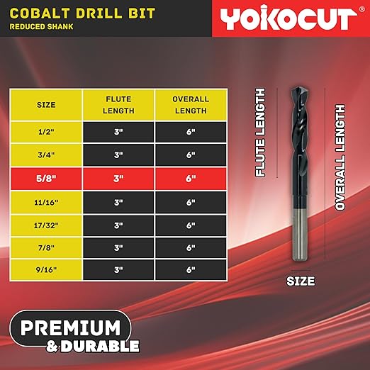 5/8 Inch Cobalt Drill Bit | Reduced Shank High Speed Steel | 5/8 Drill Bit for Stainless Steel and Hardened Metal | HSS M35 Titanium Aluminum Nitride Coating with 1/2" Shank