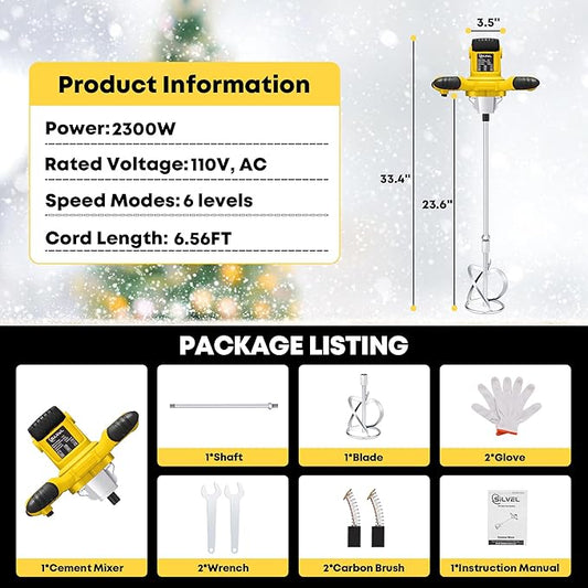 SILVEL Cement Mixer, 2300W Handheld Electric Concrete Mixer, Portable Mortar Mixer with 6 Adjustable Speed, 110V Mud Mixer for Mixing Mud, Cement, Mortar, Paint, Fodder