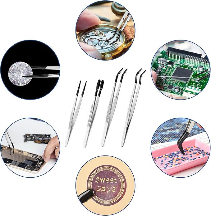 4 Pcs Tweezers with Rubber Tips Set - PVC Coated Precision Tweezers for Crafting, Jewelry, Electronics, and Lab Work