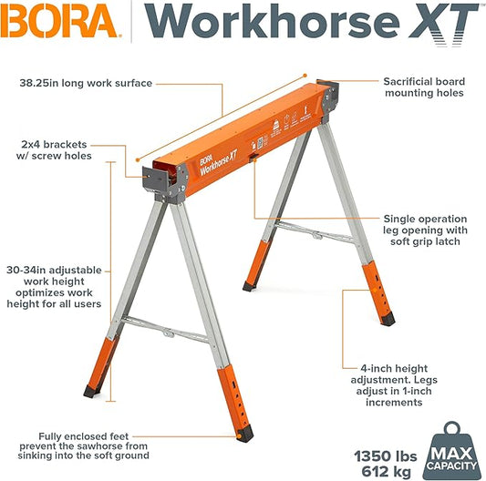 BORA Workhorse XT Saw Horses 2 Pack Folding Heavy Duty Adjustable Height Sawhorse Pair with Adjustable Legs, Heavy Duty Saw horse for Contractors Portable Workbench w/Built in Bottle opener PM-3360T