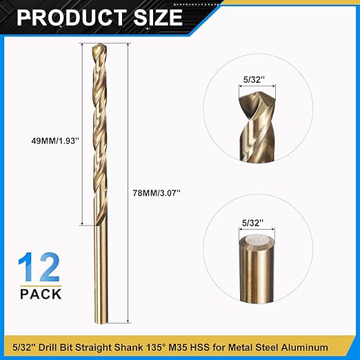PATIKIL 5/32" Drill Bit, Jobber Straight Shank M35 Cobalt 5% High-Speed Steel 135째 Gold Finish for Stainless Steel Hard Metal - 12 Pack