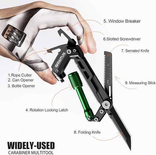 Carabiner Multitool with Pocket Knives, EDC Carabiners, Serrated Knife, Rope Cutter, Screwdriver, Can Bottle Opener, Ruler, Folding Knife for Camping Hiking, Gifts for Men (Green)