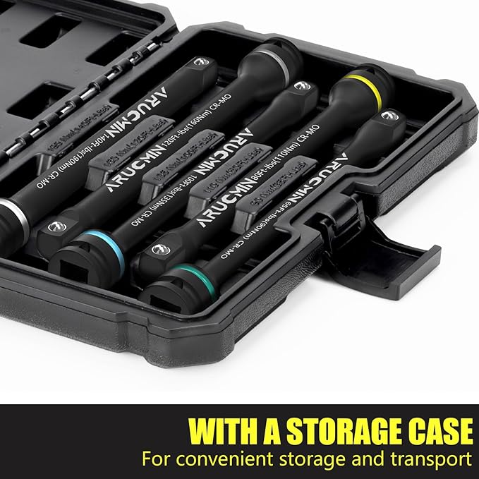 1/2" Drive Torque Limiting Extension Bar Set, 5-Piece Lug Nut Torque Stick Set With 8 Inch Color-Coded 65 to 140 Ft-Lbs Torque Sticks