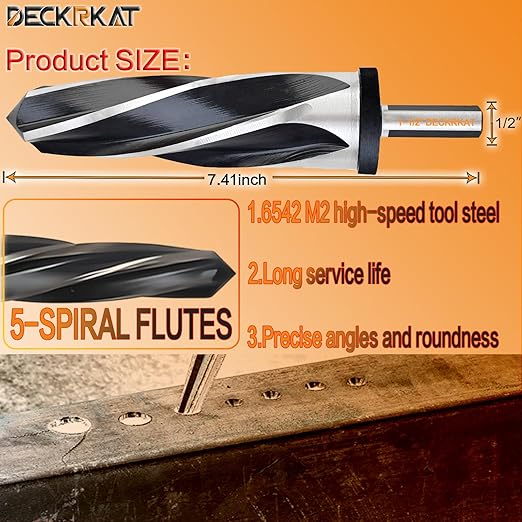 1-1/2" Reamer Drill Bit for Metal, M2 HSS Taper Reamer for Steel, Alloy, Wood, Plastic to Align, Enlarge Holes ??5-Spiral Flutes,1/2"Non-Slip Shank, 38mm Car Reamer, Bridge Construction Reamer.