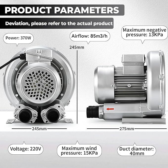1HP Regenerative Blower, 85CFM 110V 60Hz Single Phase, High-Pressure Vortex Ring Blower, Industrial Vacuum Pump for Air Blowing Or Suction for Sewage Aeration Aquarium Fish Pond, Silver