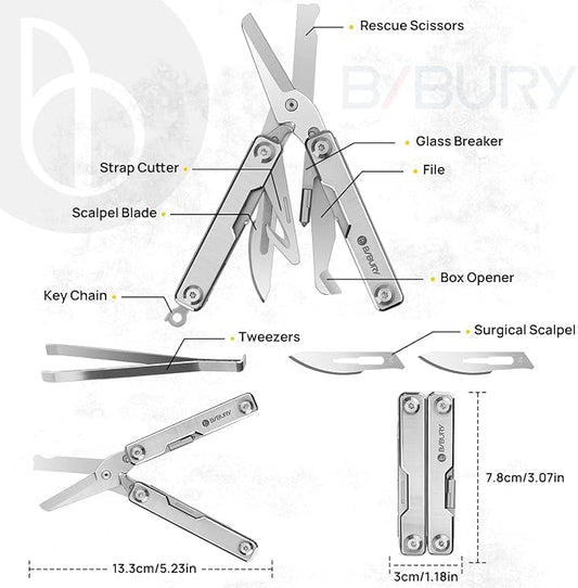 BIBURY Mini Multitool BI2052A, 8 in 1 Keychain EDC Scissors w/Window Breaker, Seat Belt Cutter, Bottle Opener for Outdoor Survival, Mini Multi Tool Cool Gadget TSA Approved, Gifts for Men and Women