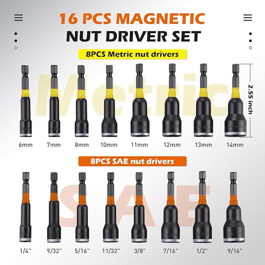 16Pcs Magnetic Nut Driver Set, Nut Driver Set for Impact Drill, 1/4" Quick-Change Hex Shank | SAE & Metric | Cr-V Steel, Impact Nut Driver Set, Nut Drivers for Stainless Steel Bolts
