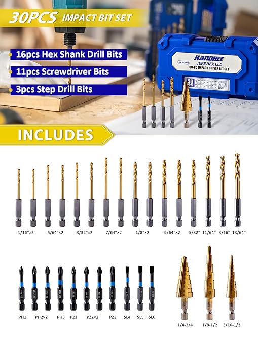 Handree 30pcs Impact Bit Set, Screwdriver Bit Set 11pcs, Hex Shank Drill Bit Set 16pcs, Step Drill Bit 3pcs, High Speed Steel Materialand Titanium Coating, S2 Alloy Steel Bits with Index Box