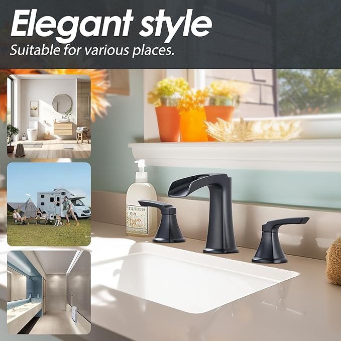 Matte Black Waterfall Bathroom Faucet, Sanliv 3-Piece Widespread Bathroom Sink Faucets, 2-Handle Vanity Faucet for 3-Hole Sinks 4-8 Inch with Pop-Up Drain, ?랱atte Black