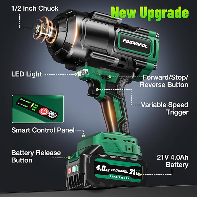 2026 New Upgrade 1500N.m(1106ft-lbs) Impact Wrench, High Torque 1/2 Impact Gun with 21V 2x4.0AH Battery, Fast Charger & 5 Sockets, 3500IPM Brushless Impact Driver for Home Car Truck Tires