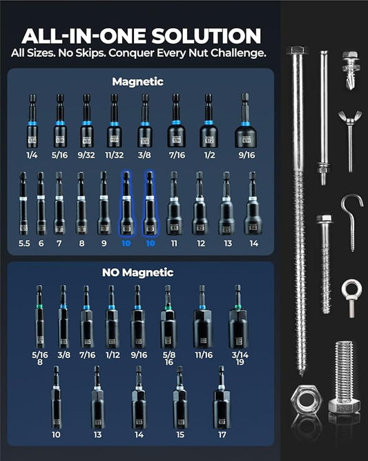 toolant Impact Magnetic Nut Driver Set, 38pcs Impact Driver Bit Set, Deep Nut Driver Set, Impact Socket Adapters, Wing Nut Driver, Bit Extension, 1/4'' Quick Change