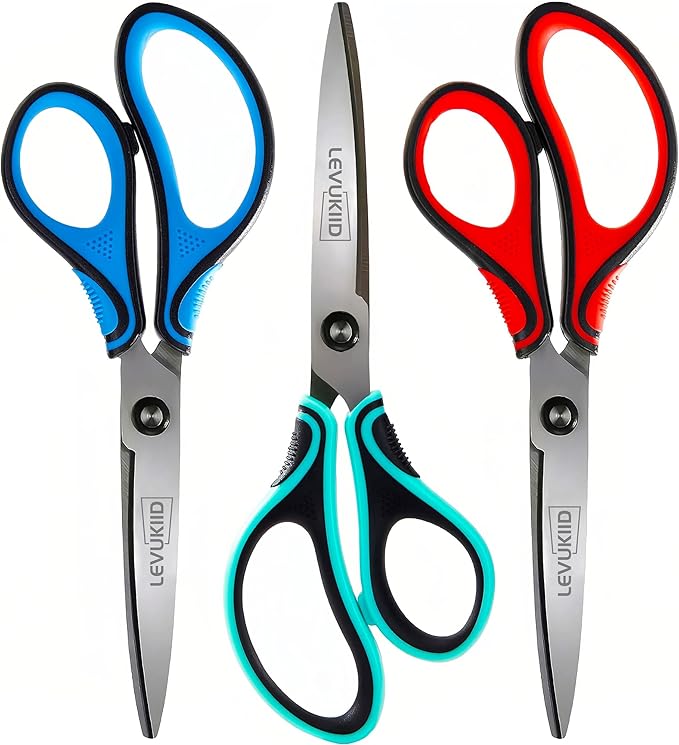 8-Inch All Purpose Scissors 3 Pack, Sharp Pointed Tip & Comfort Grip, Multipurpose Scissors for Adult, Office, Craft, Fabric, Kitchen, School Use