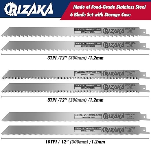 6 Pack Reciprocating Saw Blades for Frozen Meat, Bone, Fish, Ice - 12"(300mm)/1.2mm - 3TPI x 2pcs, 8TPI x 2pcs, 10TPI x 2 pcs - Stainless Steel Sawzal Blades with Storage Box