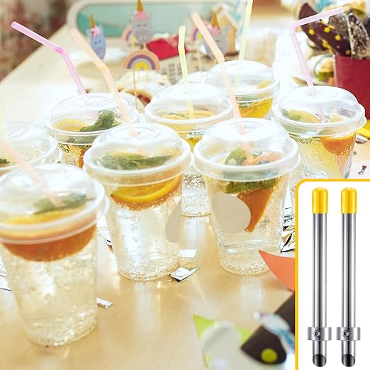 Lasnten 2 Pack Straw Puncher for Plastic Lids Lemonade Cups, Stainless Steel Straw Hole Puncher Punching Tools for Cafe Drinks Deli Container Squeezed Fresh Lemonade Stand Supplies(6.3 Inch,Yellow)