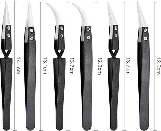 6 Pcs Precision Reverse Ceramic Tweezers Set, Non-Conductive Heat-resistant Electronics Soldering Tweezers Anti-Magnetic Pointed & Curved Tips Tweezers for Solder, Pinching Coils (Black)